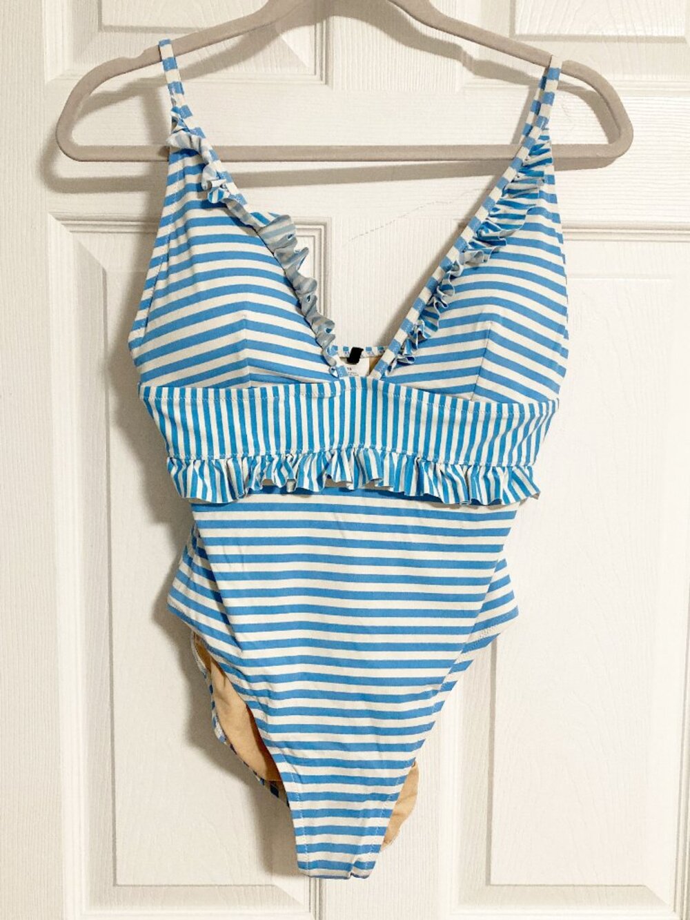 J. Crew Ruffle Plunging One-Piece Swimsuit Blue & White Stripe Size 10